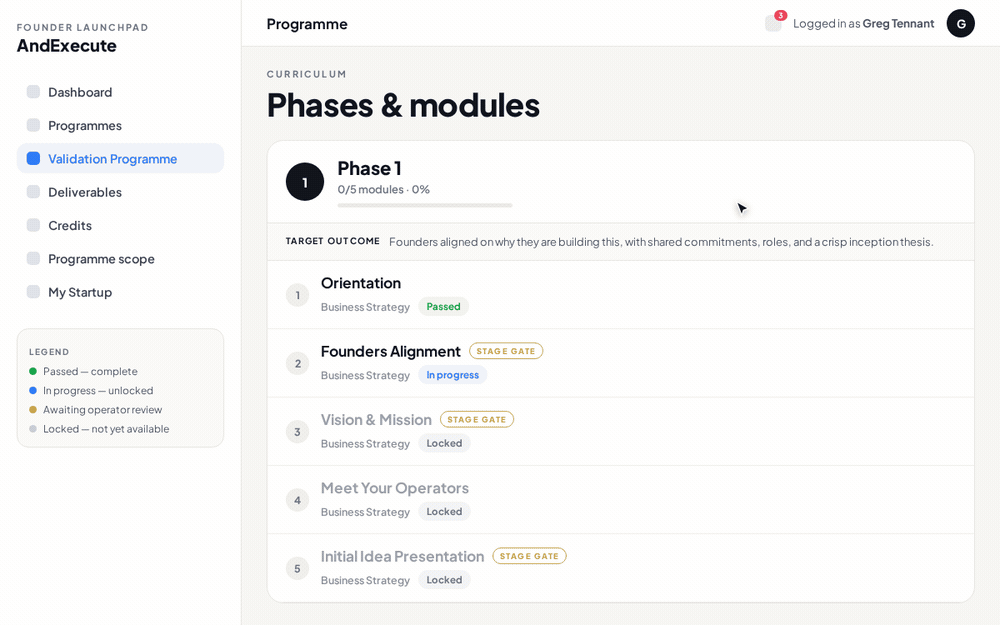 Animated tour of the Founder Launchpad platform: phases and modules with stage gates, then submitting a deliverable for operator review